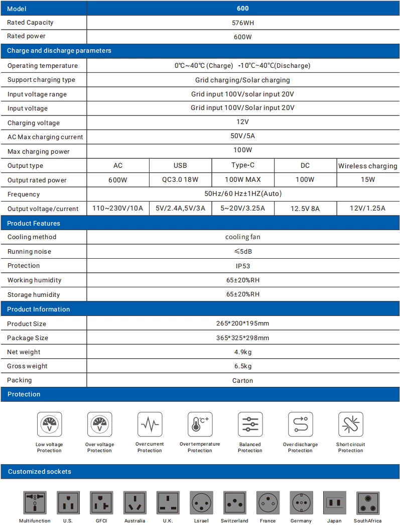 Portable Outdoor Power Supply 600W 576Wh